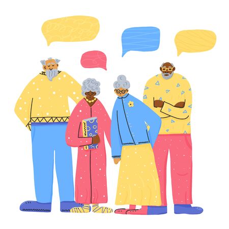 Group of old people with empty speech bubbles. Different retired persons isolated on white background. Vector flat illustration. Simple characters standing full length.のイラスト素材