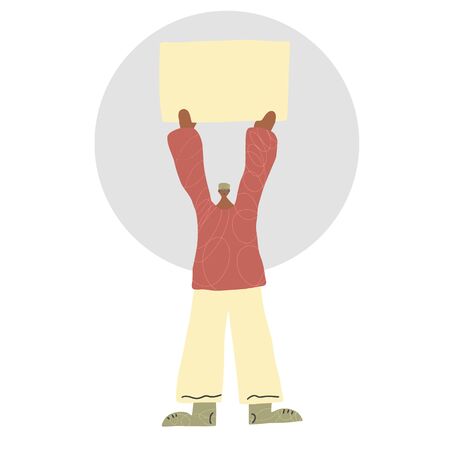 Protesting man standing full length with sign boards. Young person holding clear placards. Human character take part of rally, parade. Vector illustration.のイラスト素材