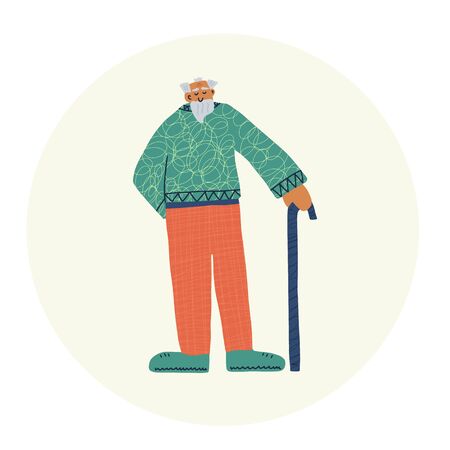 Old man standing full length. Retired persons with walking stick isolated on white background. Vector character design in hands flat style.のイラスト素材