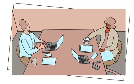 Small business concept. Two young women have a negotiation in their office. Vector illustartion.のイラスト素材