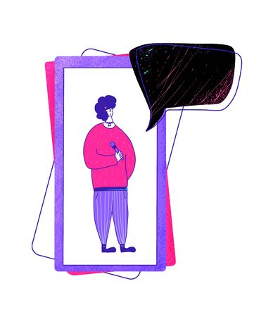 Female speaker character with phone screen. Young  woman standing with microphone. Orator speaking. Girl with mike in full length. Vector flat color illustartion.のイラスト素材