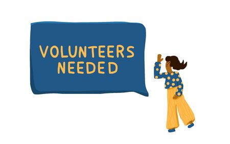 Volunteers needed text with girl character. Hand drawn phrase with speech bubble. Vector illustration.のイラスト素材