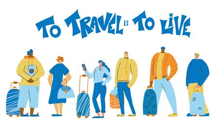 To travel is to live. Young adult characters standing full lenth isolated. Boys and girls with their luggage. Vector flat illustartion.のイラスト素材
