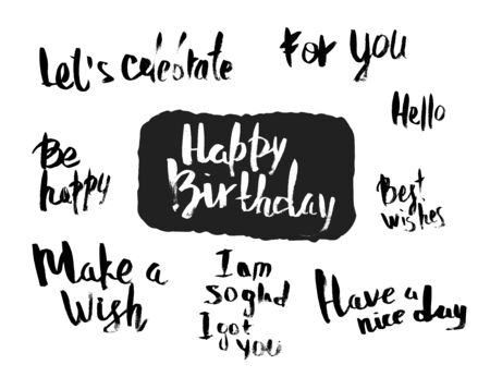 Happy birthday phrases set. Collection of grunge ink holiday quotes. Vector illustration.のイラスト素材