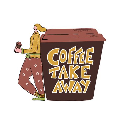 Coffee take away quote. Happy smiling young woman with huge coffee cup. Girl standing near big mug. Vector color illustration.のイラスト素材