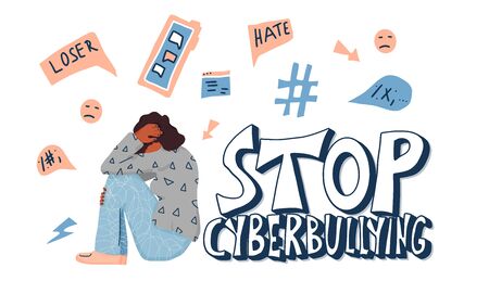 Stop cyberbullying emblem. Hand drawn text with unhappy teenager girl. Vector illustration.のイラスト素材