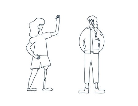 Young female characters dressed in casual trendy clothes standing together. Two pretty women isolated on white background. Vector  doodle illustration.のイラスト素材