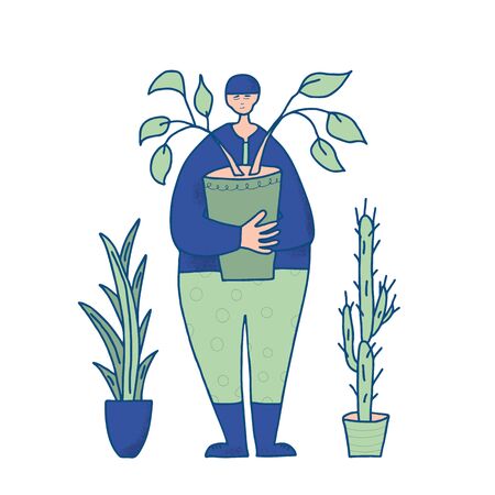 Plants lover surrounded by potted houseplants. Smiling person wearing in casual clothes and hat holding in hands indoor flower isolated on white background. Vector doodle illustration.のイラスト素材