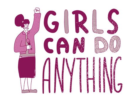 Feminist character. Gorl can do anything quote. Orator speaking. Girl with microphone standing in full length. Vector flat color illustartion.のイラスト素材