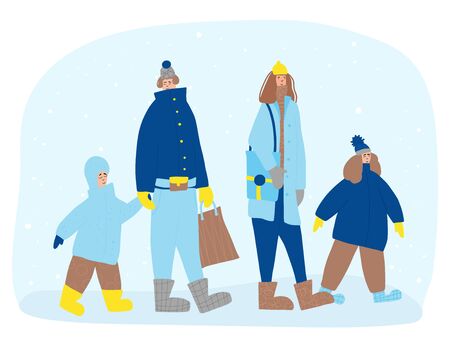 Family characters dressed in warm trendy clothes walking at winter snowfall. Parents and kids going with shopping bag. Vector color flat cartoon illustration.のイラスト素材
