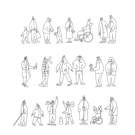 Set of people dressed in warm trendy clothes walking outdoor. Collection of different ages persons wearing in outerwear isolated on white background. Vector illustration in doodle style.のイラスト素材