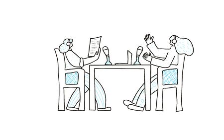 Podcasting. Two young women in headphones sitting at the desk and recording new  podcast episode with microphones isolated on white background. Vector illustration in doodle style.のイラスト素材