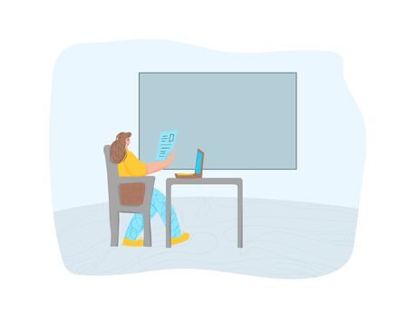 Brunette woman sitting at the table and reading her notes. Female character  using her laptop. Girl wearing in casual clothes working with computer. Freelancer concept. Vector illustration. のイラスト素材