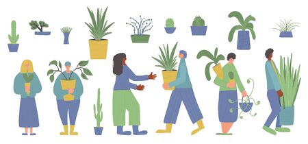 Indoor plants lovers set. Different human characters surrounded by potted house plants. Group of people with home flowers isolated on white background. Vector color flat illustration.のイラスト素材
