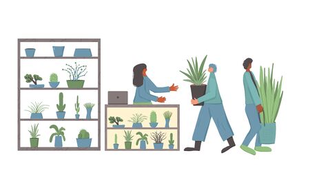 Plants shop. Sale of potted house plants. Sell  houseplants isolated on white background. Small business concept. Owner of flowers store giving a pot to a customer. Vector flat illustration.のイラスト素材