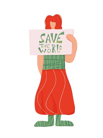 Activists. Young woman holding banners with Save the world slogan.  Vector illustration.のイラスト素材