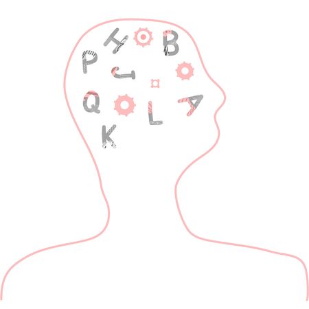 Dyslexia concept. Human brain with alphabet symbols. Vector sign with stylized letters.のイラスト素材