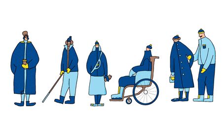 Adult persons isolated on white background. Cute characters dressed in winter warm trendy clothes. Diversity people with different ages and features of appearance. Vector illustration in doodle style.のイラスト素材