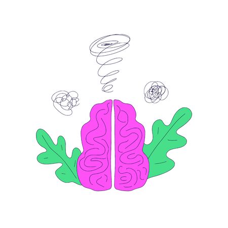 Human brain with decoration emblem isolated on white background. Mental health. Psychological issues. Thinking and brainstorming symbol. Vector color illustration in doodle style.のイラスト素材