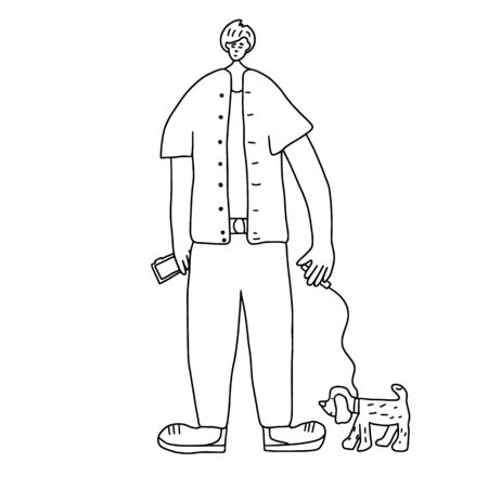 Dog walking concept. Boy standing with pet in the park. Teenager keeps the puppy on the leash. Vector illustration.のイラスト素材
