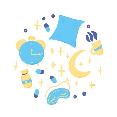 Insomnia round emblem. circle composition with sleepless symbols: mask, moon, stars, pillow, alarm clock, pills. Trouble sleeping concept. Vector illustration.のイラスト素材