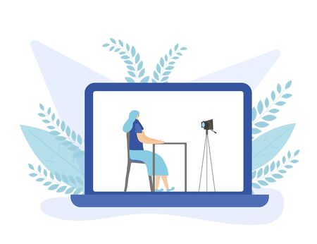 Young female blogger sitting and recording a video on laptop screen. Influencer calm girl making content for her followers against camera. KOL lifestyle. Vector flat illustration.のイラスト素材