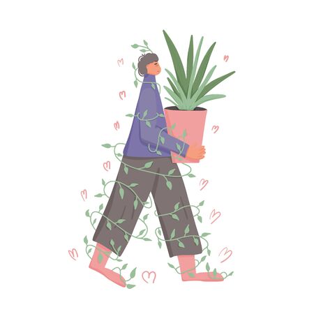 Plant lover concept. Smiling man wearing in cozy clothes and hat holding in hands indoor flower and vine isolated on white background. Vector flat color illustration.のイラスト素材