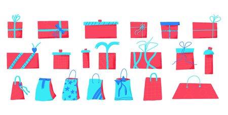Gift boxes set isolated on white background. Giftware collection. Holiday presents symbols. Vector illustration.のイラスト素材