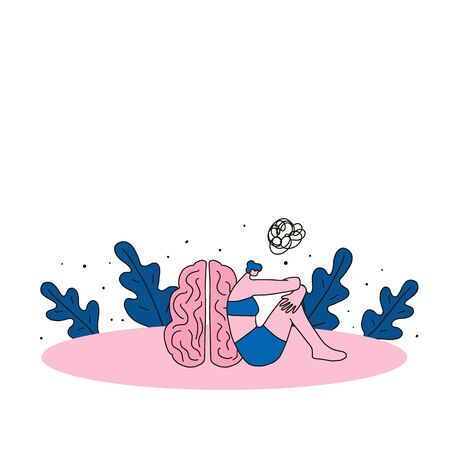Mental disoder. Psychological issues. Young person sitting on the floor and thinking near huge  brain. Woman suffering from conduct-disorde issues. Character with special needs. Vector illustration.のイラスト素材