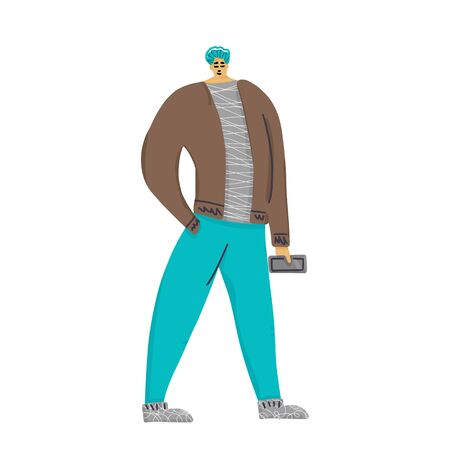 Boy with phone on white background. Young adult character standing  with his smartphone. Vector flat illustartion.のイラスト素材