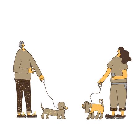 Dog walking concept. Owners standing with pets and talking about their domestic animals. Young persons keeps the dogs on the leash. Vector illustration.のイラスト素材