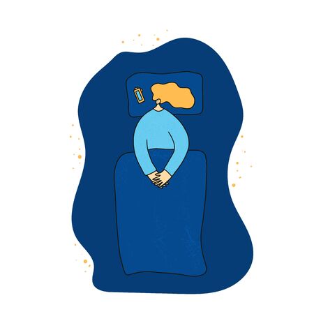Insomnia. Sleepy person have problem with night sleep. Woman suffering from anxiety. Female character lying in bed sleepless. Blonde girl with bad mood can't sleep because of fomo. Vector illustrationのイラスト素材