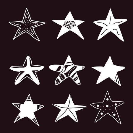 Doodle stars set. Collection of simle elements. Hand drawn symbols in various shapes decoration. Vector illustartion.のイラスト素材