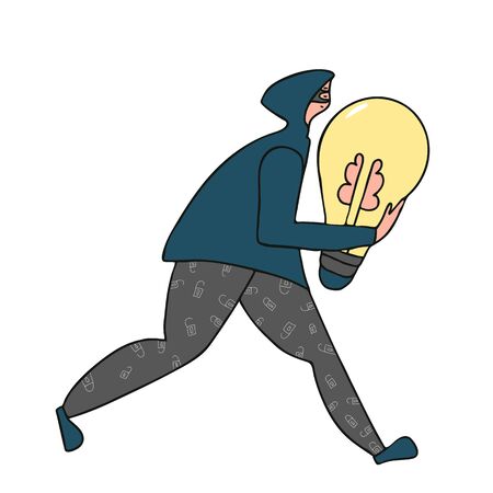 Young person wearing in hoodie stealing an idea metaphor. Plagiarism, infringement of copyright. Thief running away with a light bulb in his hands isolated on white backdrop. Vector  illustration.のイラスト素材