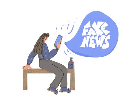 Young woman reading digital newspaper isolated on white background. Beautiful brunette sitting on a bench with her phone and using social media text. Fake news concept. Vector flat illustration.のイラスト素材