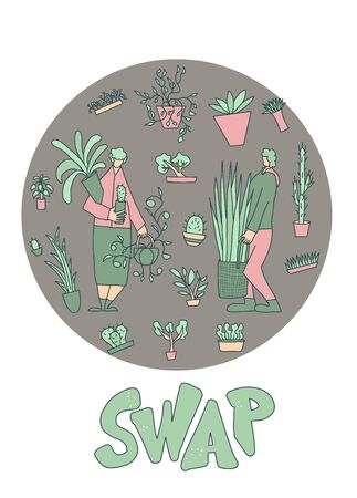 Plant swap emblem. Houseplants lovers club event. Two characters holding potted flowers in their hands.  Vector illustration.のイラスト素材