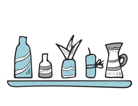 Shelf with differen interior design things. Candle, vase, flower. Vector illustartion.のイラスト素材