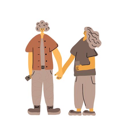 Couple. Young persons holding hands isolated on white background. Friends standing together. Vector illustartion.のイラスト素材