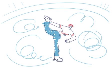 Figure skater. Male characters doing spin isolated on white background. Athlete on the rink. Vector illustartion in doodle style.のイラスト素材
