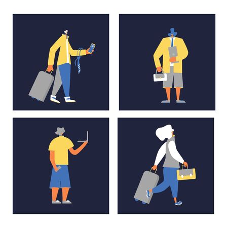 Bleisure concept. Work life balance. Digital nomads. Female and male travelers going to their flight with luggage. のイラスト素材