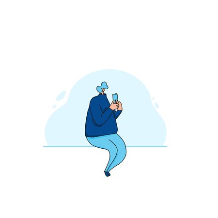 Social media addiction concept. Cute character using his phone for texting a message. Young person chating with his smartphone. Man reading a news on internet. Vector illustration.のイラスト素材