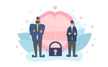 Creative idea saving. Security guards standing with arms crossed with big mind symbol. Man and woman wearing in a guards uniform protecting idea of copyright from plagiarist.  Vector illustration. のイラスト素材