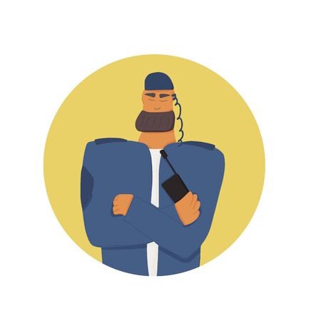 Security guard standing with arms crossed. Bearded man wearing in a guards uniform portrait. Vector illustration. のイラスト素材