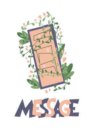 Chatting concept. Phone screen with text and green plants and pink hearts decoration. Vector illustration.のイラスト素材