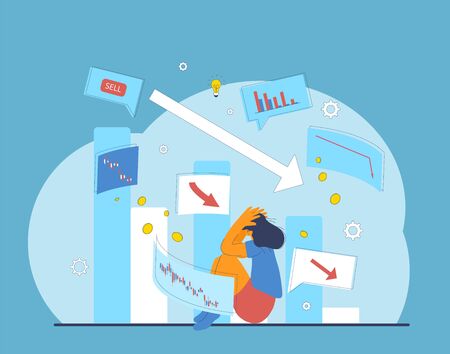 Invest in the company's bonds. Minor shareholder. Stock market crash. Young woman grabbed her head surrounded investment symbols. Collapsing stock prices. Vector flat color illustration.のイラスト素材