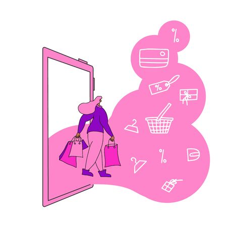 Online shopping. Female character with shopping bags going to home after clearance. Young woman dressed in casual trendy clothes with huge phone screen. Sale concept. Vector illustration.のイラスト素材