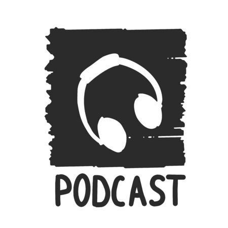 Podcast  emblem. Earphones symbol. Headphone sign isolated on white background.Vector illustration.のイラスト素材