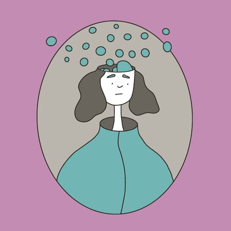 Portrait of girl with some mental issues. Female tenager with  too many thoughts. Sad young woman with complicated ideas. Person with anxiety disorder. Vector  illustration.のイラスト素材