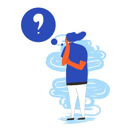 Pensive teenager girl. Young woman dressed in casual clothes in doubt. Person frustrated by current situation. Feamle character thinking about problems isolated on white background. Vector flat illustration.のイラスト素材