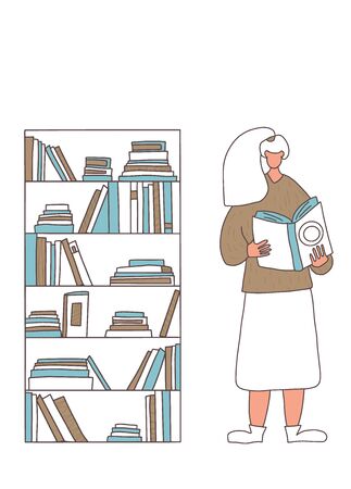 Bookstore o library concept. Young woman with long hair reading a bestseller isolated on white background. Book lover standing near a bookcase and leafing through a novel. Vector color illustration.のイラスト素材